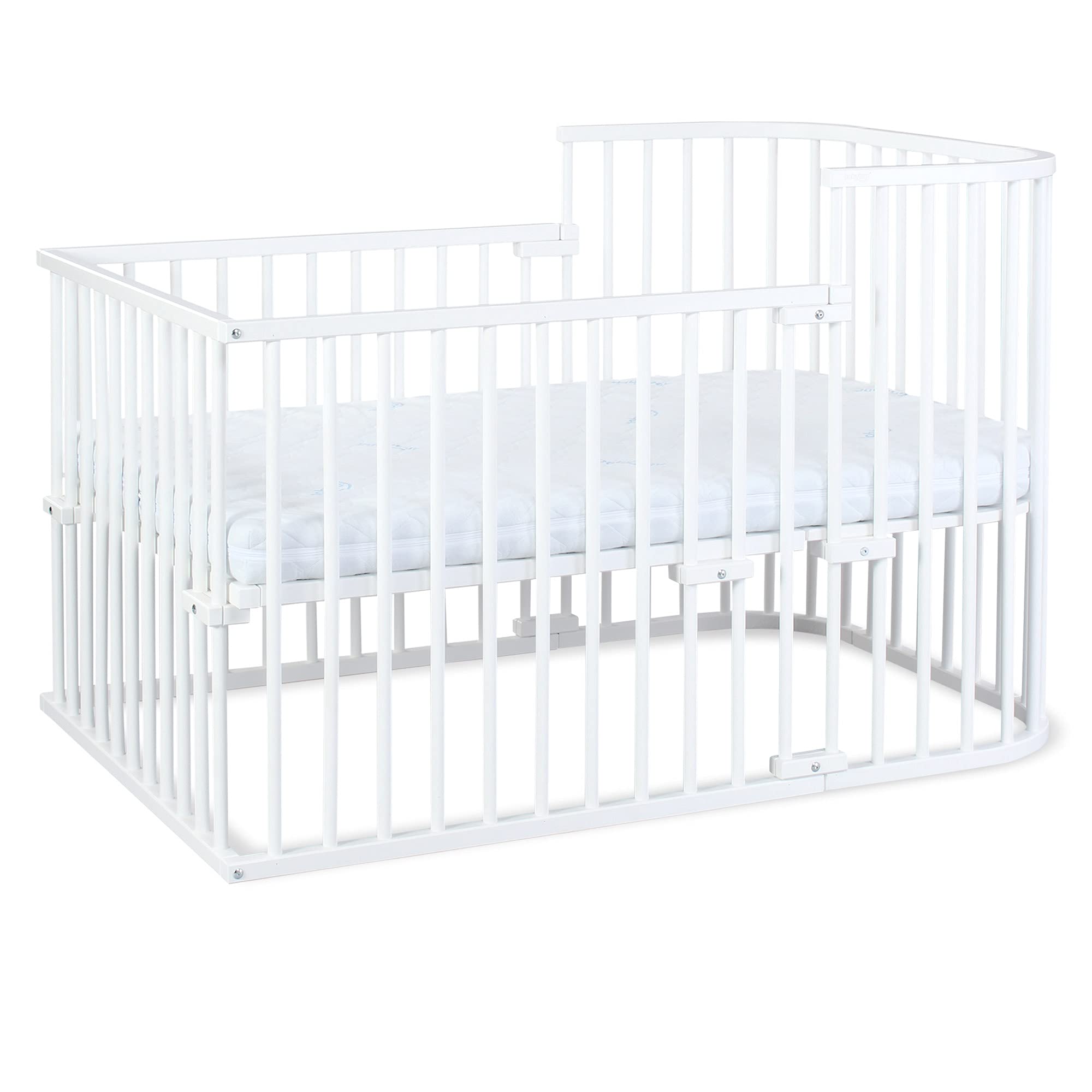 babybay Original Beistellbett aus massivem Buchenholz / kompakt & verwandelbar / Kinderbett Höhe stufenlos verstellbar & umweltfreundlich / mitwachsendes Babybett (weiß lackiert) / inkl. Matratze