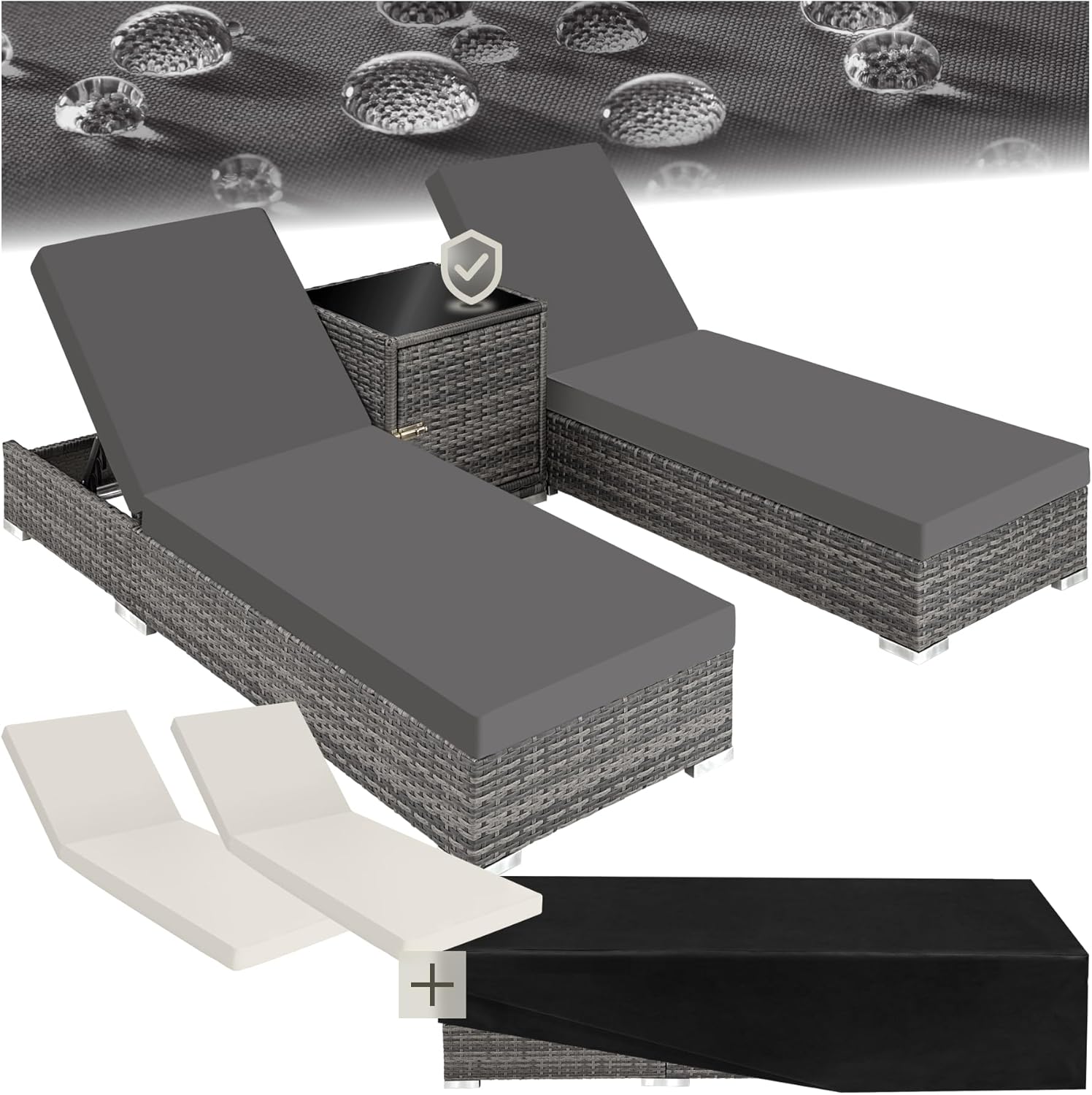 tectake® 2er Garten Lounge Sonnenliegen Set mit Tisch, Aluminium Gartenliege, Gartenlounge Outdoor, Relaxliege inkl. 2 Bezugsets und Schutzhülle, Outdoor Poly Rattan Gartenmöbel Set, 2er Set - grau