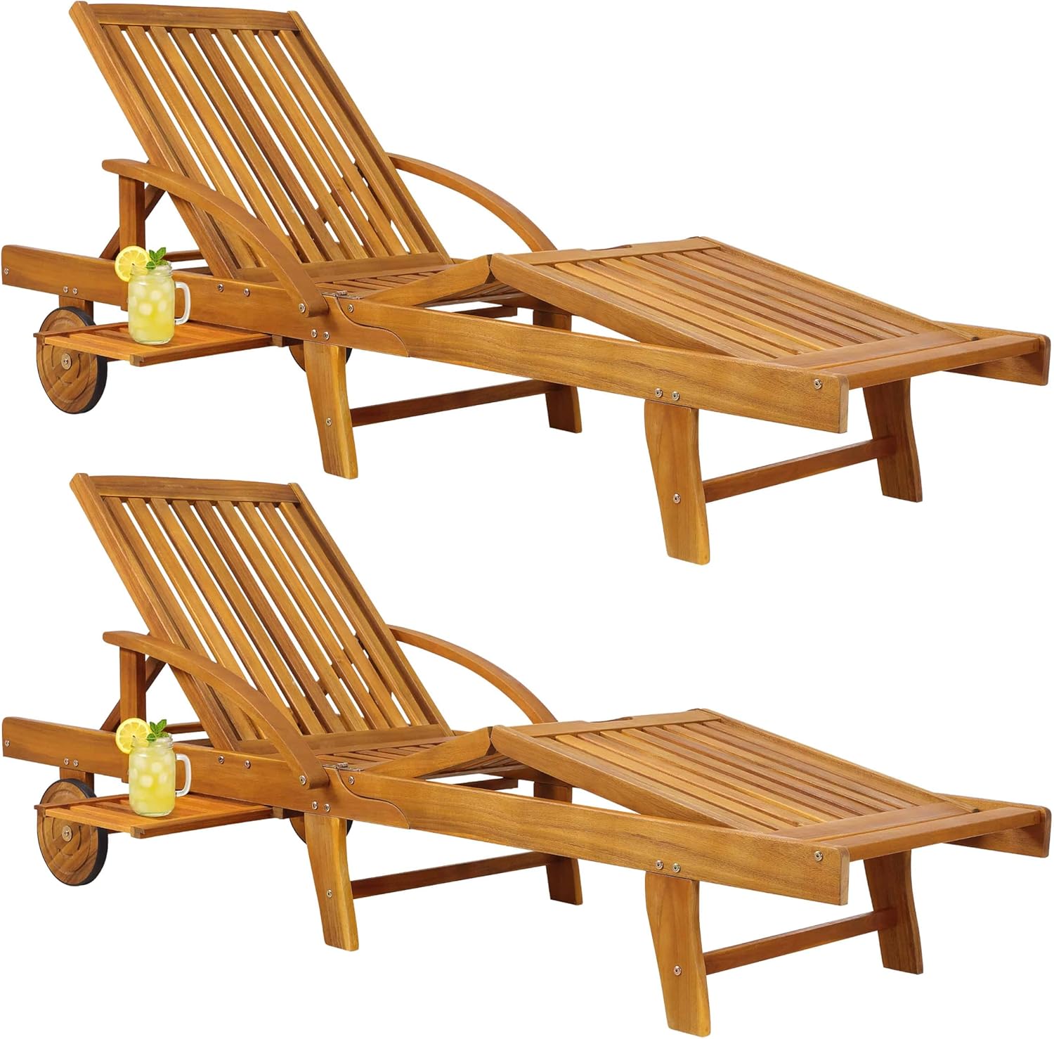 Casaria® Sonnenliege 2er Set Klappbar Wetterfest 2 Personen Holz Gartenliege mit 2 Räder Ablage Tisch Liegestuhl Verstellbare Rücken- Fußlehne Garten 196cm